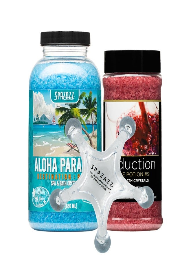 Spazazz Spa Aromatherapy Crystals for Hot Tub -Couple Gift set for Valentine & Anniversaries. Love Potion #9 Seduction 17oz -Destinations Hawaii Aloha Paradise 22oz with 5 Point Full Body Massage Tool - Image 1